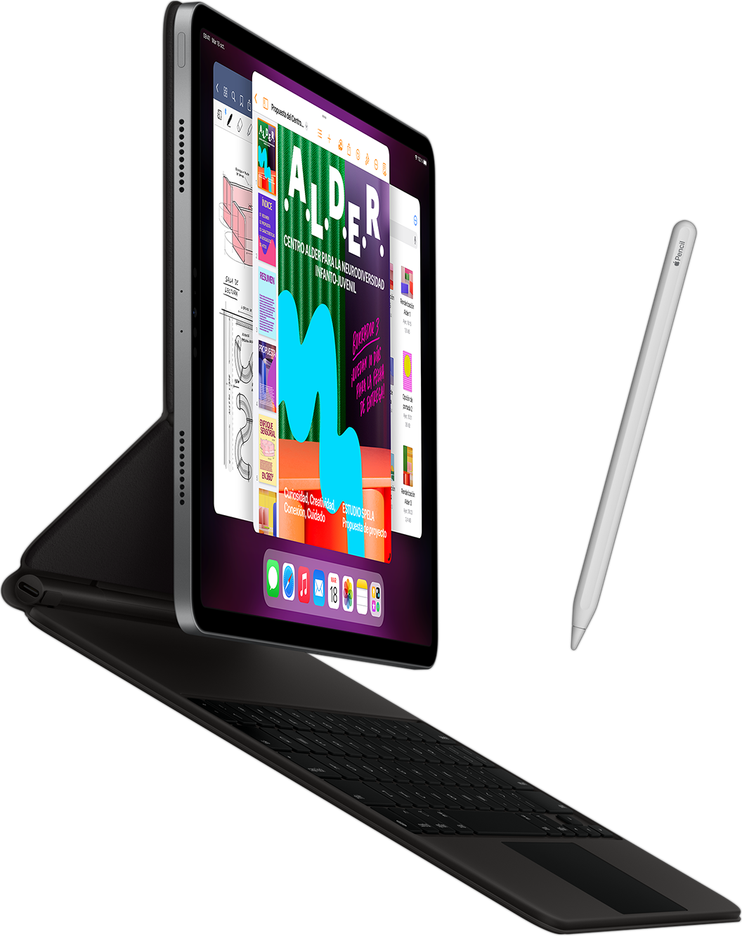 Vista lateral de un iPad Pro con un Smart Keyboard Folio y un Apple Pencil.