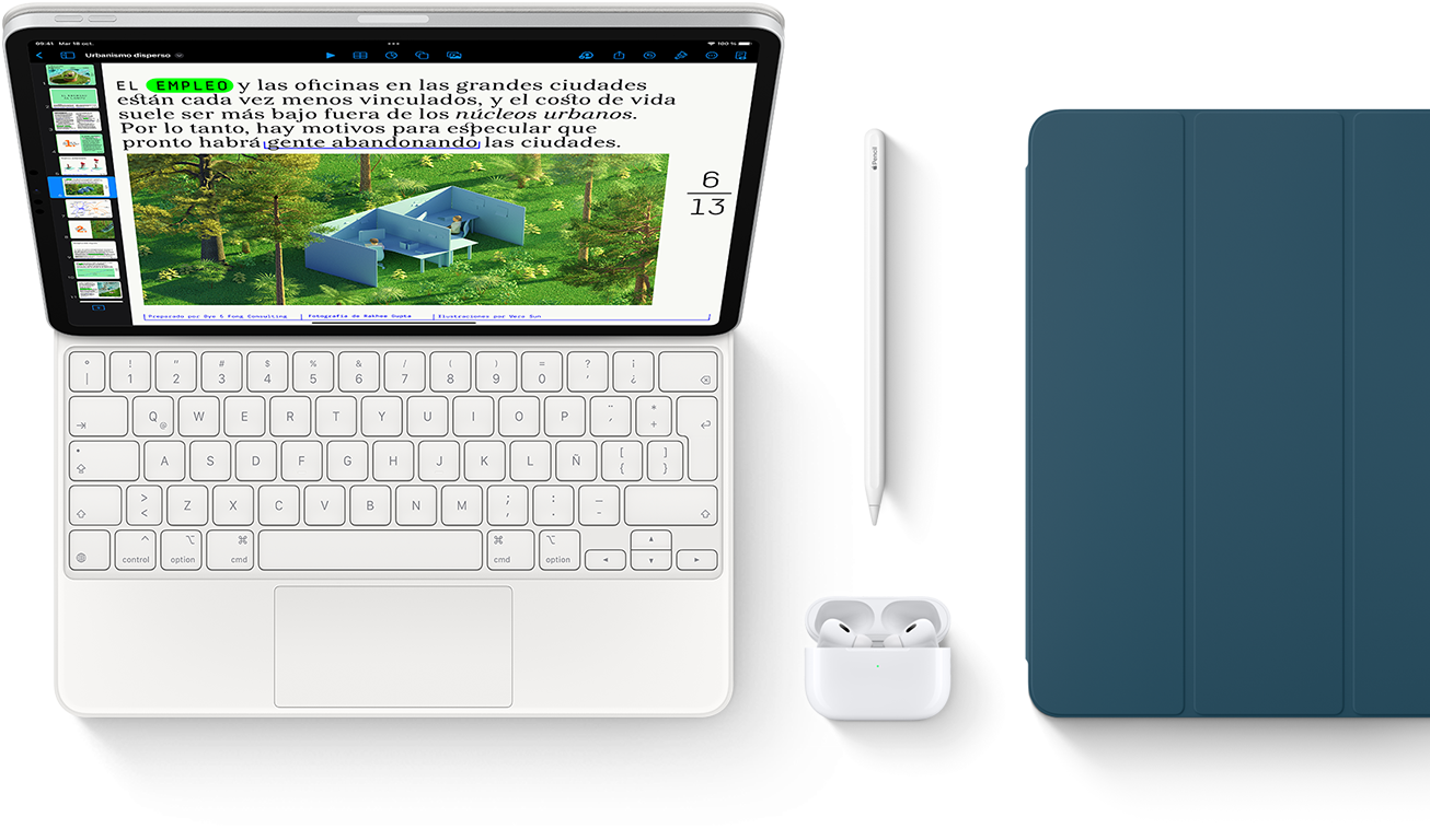 Smart Keyboard Folio, Apple Pencil, AirPods Pro y cubierta azul mar para el iPad.