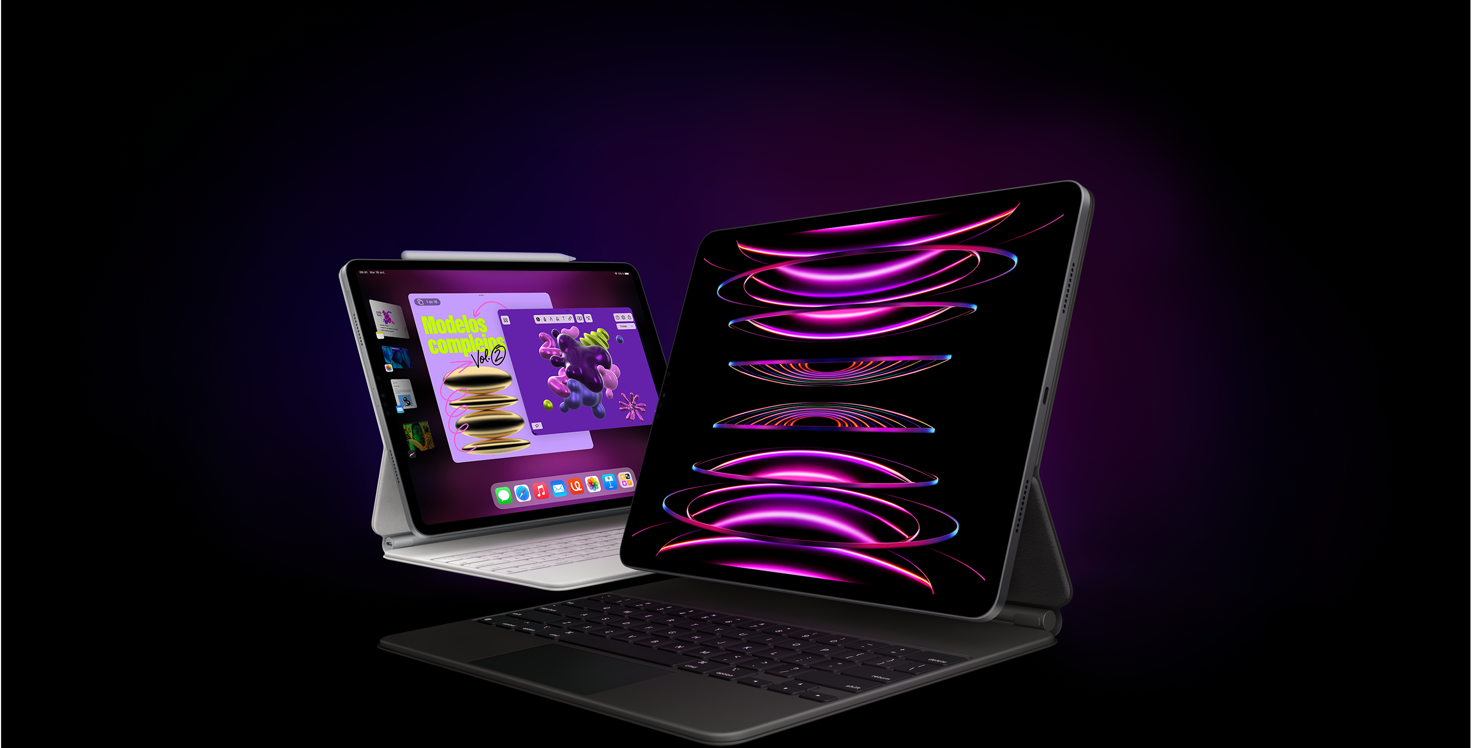 En primer plano, un iPad Pro que muestra un fondo de pantalla, con un Magic Keyboard negro. Detrás, un iPad Pro que muestra el Organizador Visual, con un Magic Keyboard blanco y un Apple Pencil.
