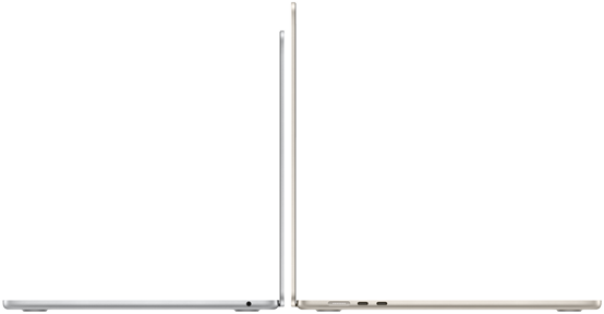 MacBook Air de 13 y 15 pulgadas abiertas con la parte trasera de la pantalla una contra otra